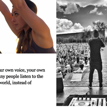 Photos depicting yoga and a yoga musician and a quote all related to the week in yoga