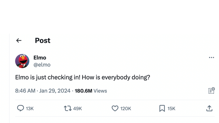 Screenshot of a social media post on X, formerly known as Twitter, by Elmo checking in on his friends