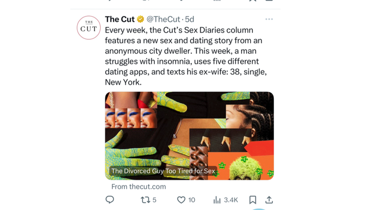 A social media post from The Cut for the Sex Diaries column about a divorced guy who wants to learn to meditate.