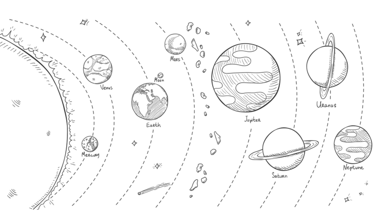 Illustration of the sun and the planets, including Mercury and Saturn, in orbit around it