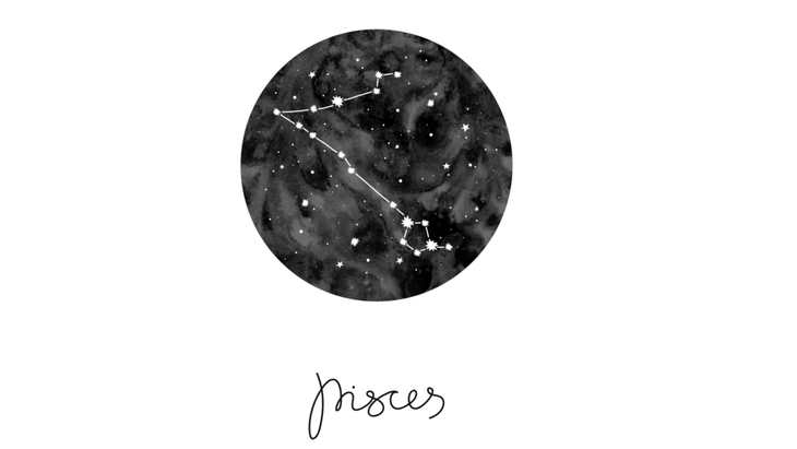 An illustration of the constellation Pisces, said to be of two fish whose tails are tied with a ribbon.