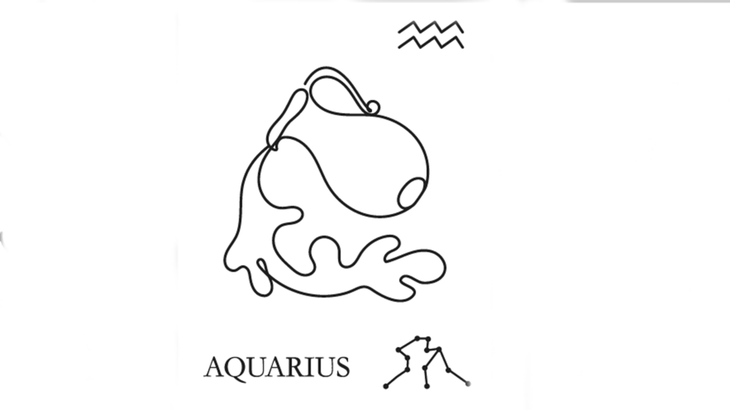 A line drawing of the astrological sign of Aquarius along with its glyph and its constellation.
