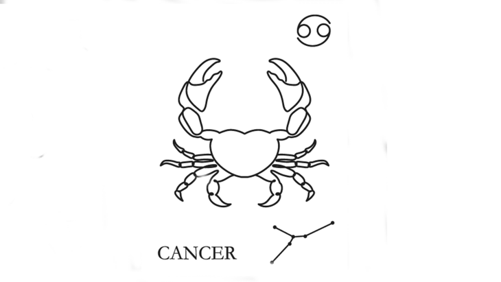 A line drawing of the astrological sign of Cancer along with its glyph and its constellation.
