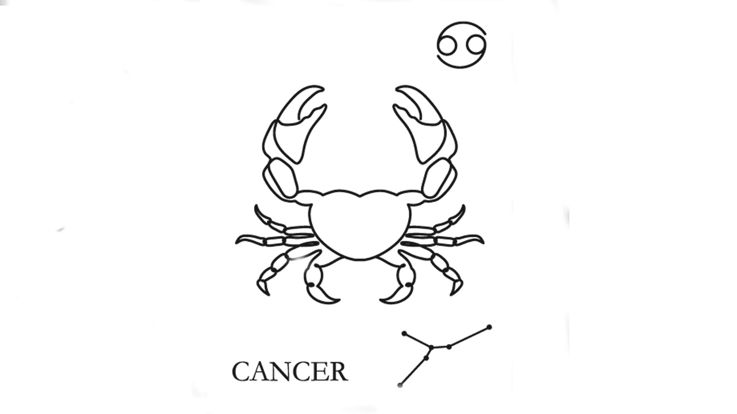 A line drawing of the astrological sign of Cancer along with its glyph and its constellation.
