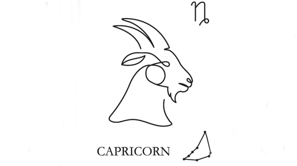 A line drawing of the astrological sign of Capricorn along with its glyph and its constellation.