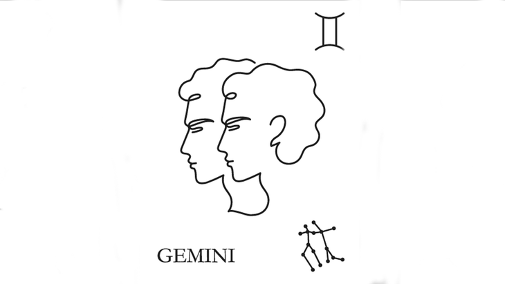 A line drawing of the astrological sign of Gemini along with its glyph and its constellation.