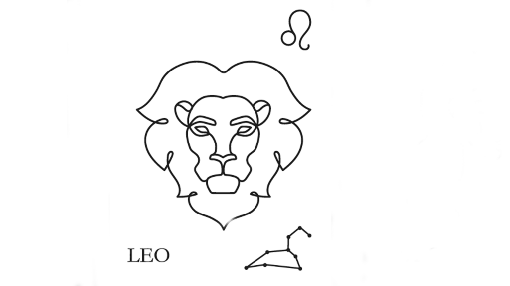 A line drawing of the astrological sign of Leo along with its glyph and its constellation.