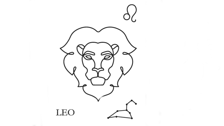 A line drawing of the astrological sign of Leo along with its glyph and its constellation.