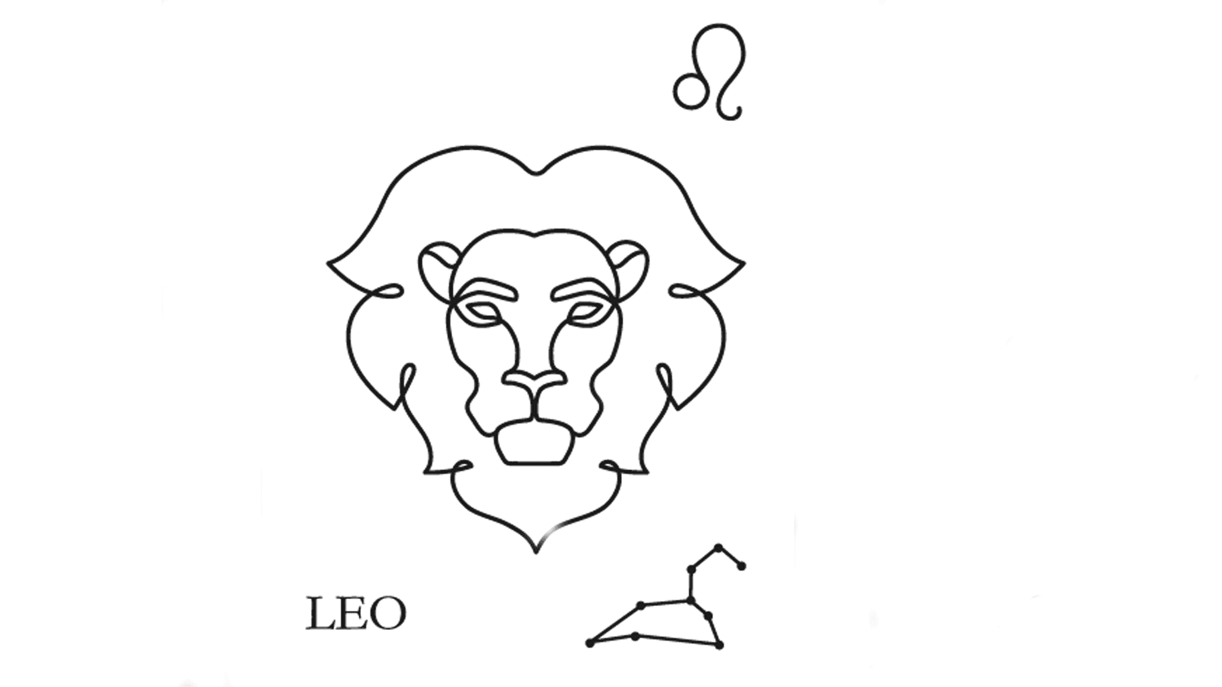 A line drawing of the astrological sign of Leo along with its glyph and its constellation.