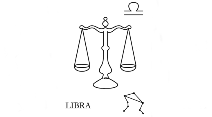 A line drawing of the astrological sign of Libra along with its glyph and its constellation.
