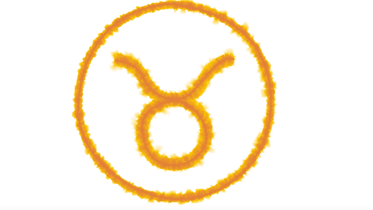 A vibrant yellow ink symbol for the astrological glyph Taurus, which is an earth sign influencing the new Moon in Pisces March 2024.