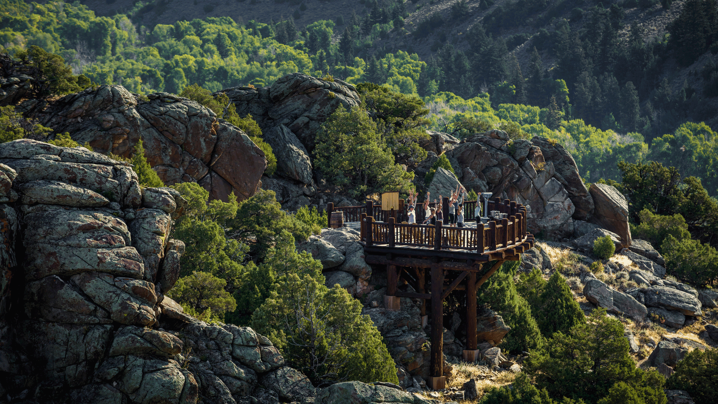 People gathered on a wooden deck surrounded by green foliage.