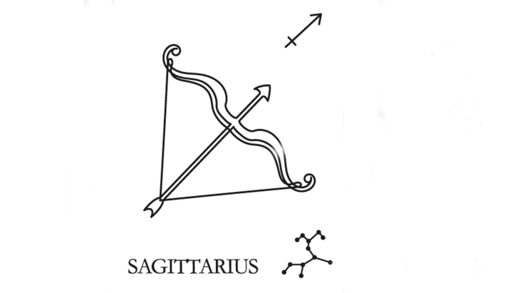 A line drawing of the astrological sign of Sagittarius along with its glyph and its constellation.