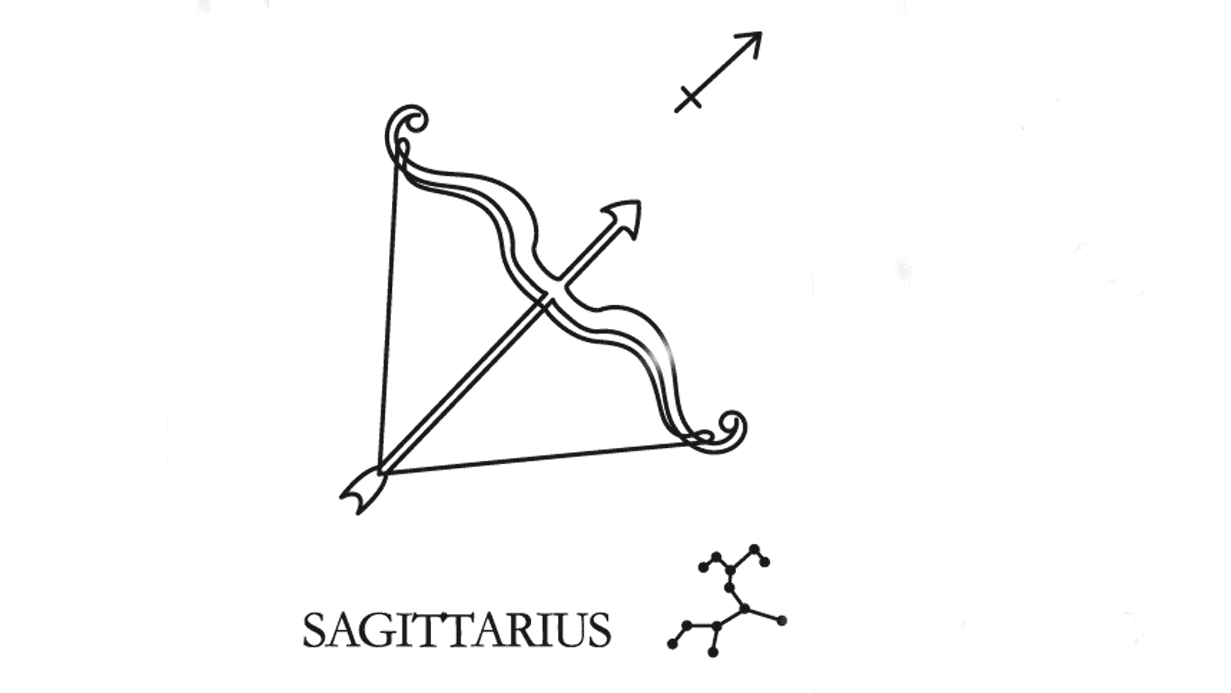 A line drawing of the astrological sign of Sagittarius along with its glyph and its constellation.