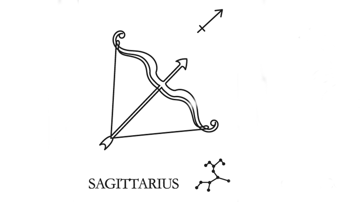 A line drawing of the astrological sign of Sagittarius along with its glyph and its constellation.