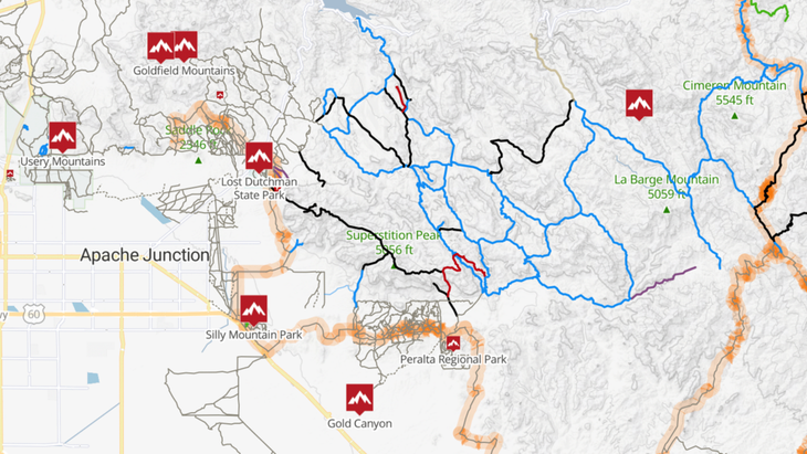 Trailforks map of Lost Dutchman State Park where many cyclists train