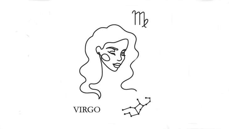 A line drawing of the astrological sign of Virgo along with its glyph and its constellation.