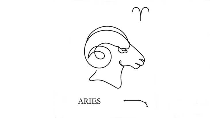 A line drawing of Aries, the first sign of the zodiac, represented by a ram and signifying determination