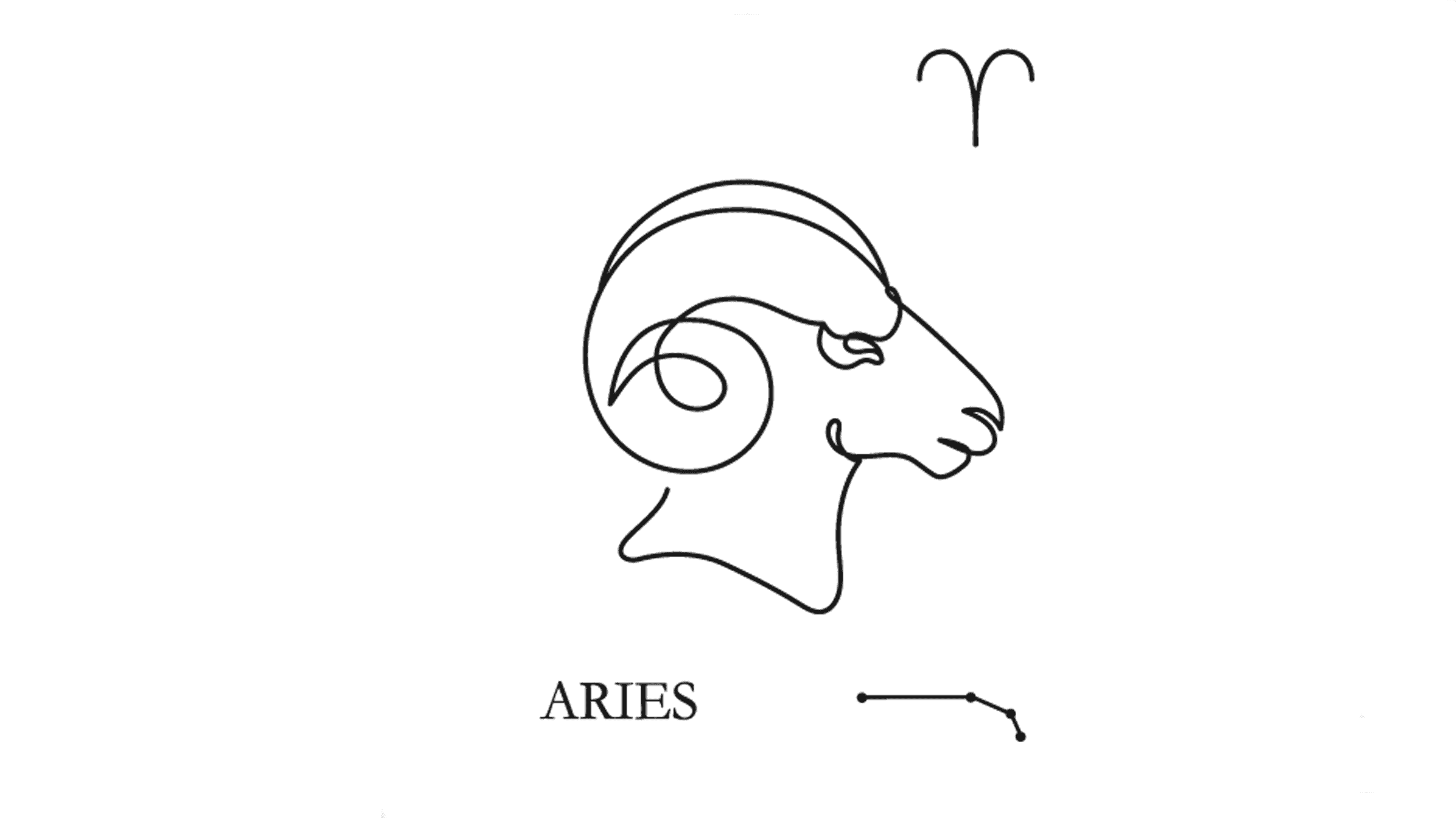 A line drawing of Aries, the first sign of the zodiac, represented by a ram and signifying determination