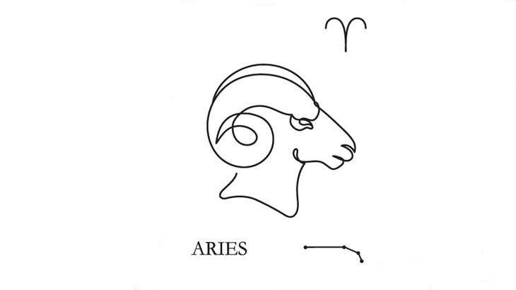 A line drawing of Aries, the first sign of the zodiac, represented by a ram and signifying determination