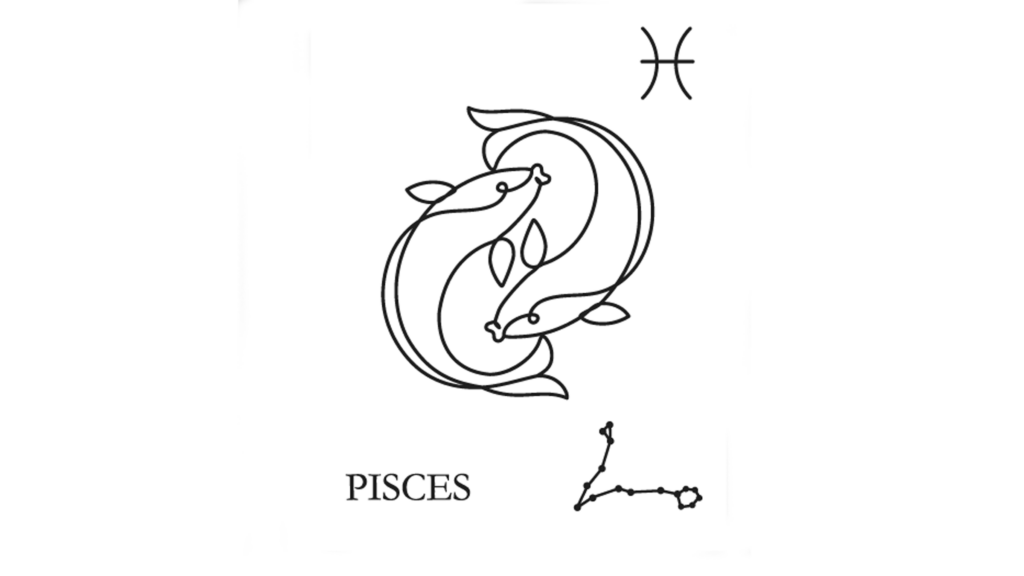 A line drawing of the glyph for Pisces, the water sign and last sign of the zodiac and the astrological year.