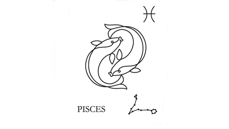 A line drawing of the glyph for Pisces, the water sign and last sign of the zodiac and the astrological year.