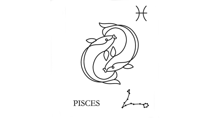 A line drawing of the glyph for Pisces, the water sign and last sign of the zodiac and the astrological year.