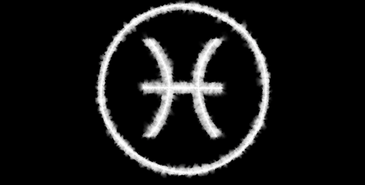 The symbol for the astrological sign Pisces in white on a black background