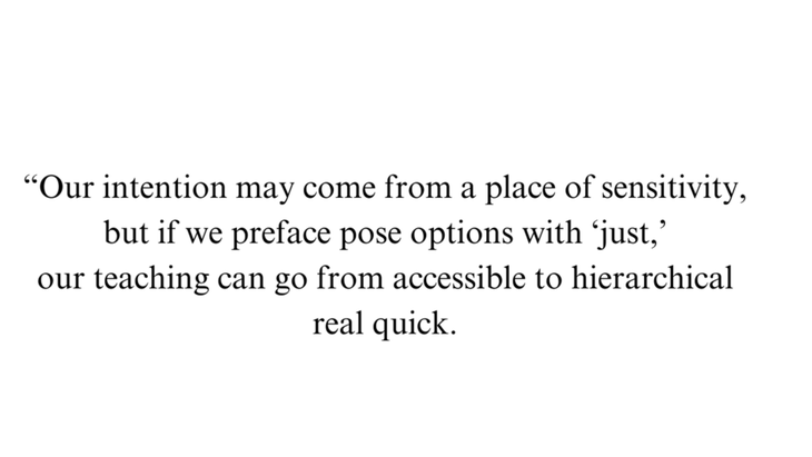 A screenshot of black text on a white background. The words are a quote about inclusivity in yoga and how teachers can be more mindful.