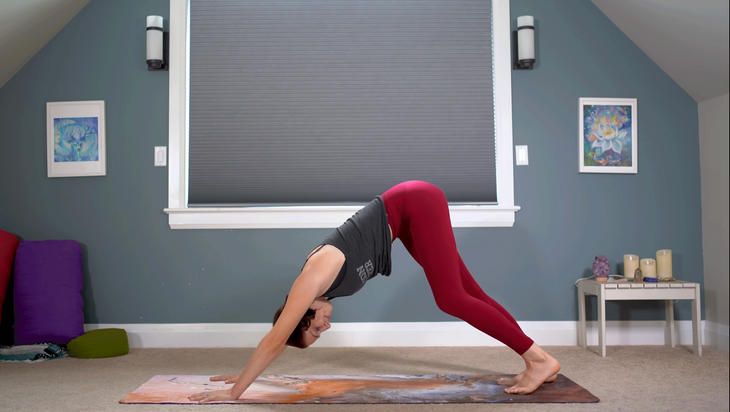 Yoga With Kassandra practicing Downward-Facing Dog on a yoga mat