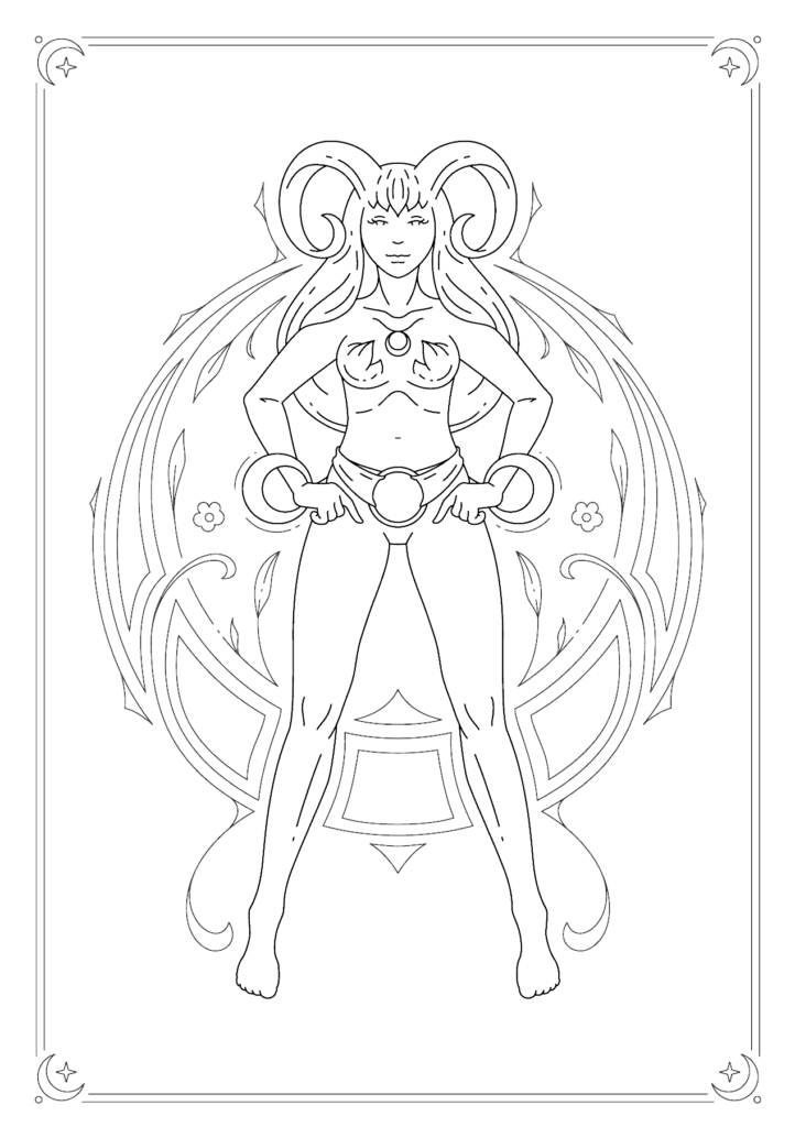 An illustration of the astrological sign of Aries depicted as a superhero figure with the horns of a ram on her head