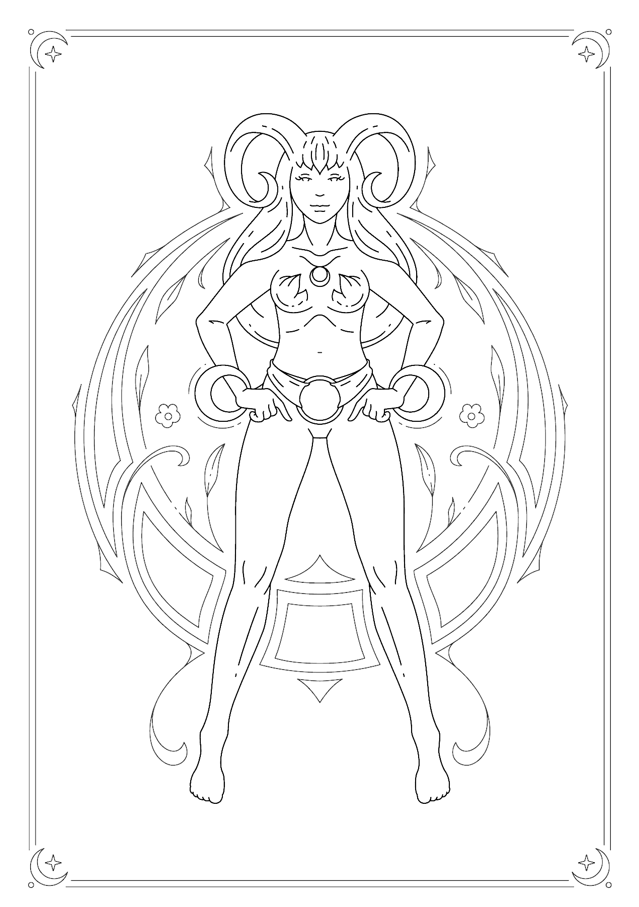 An illustration of the astrological sign of Aries depicted as a superhero figure with the horns of a ram on her head