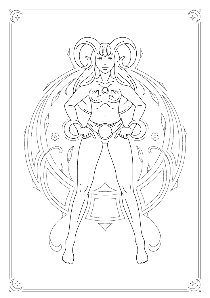 An illustration of the astrological sign of Aries depicted as a superhero figure with the horns of a ram on her head