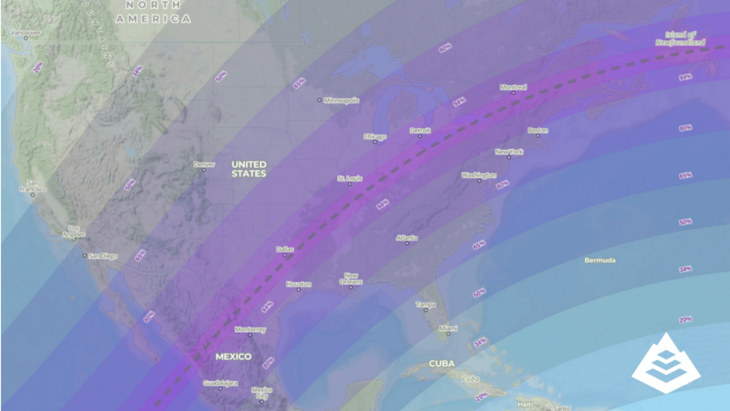 An illustrated map of the path of totality for the total solar eclipse on April 8, 2024, which coincides with the new Moon in Aries.