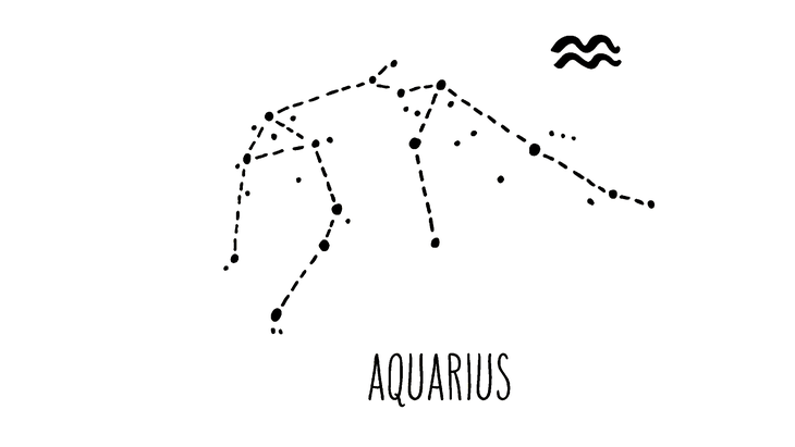 Astrological symbol, or glyph, and the constellation for Aquarius