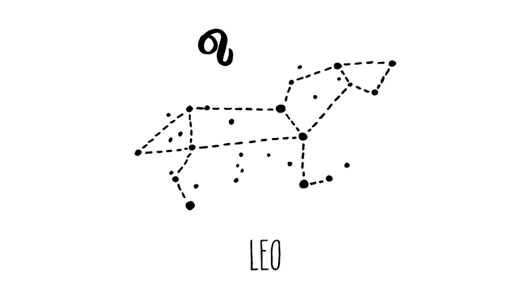 The zodiac sign Leo and its constellation and also its astrological symbol or glyph