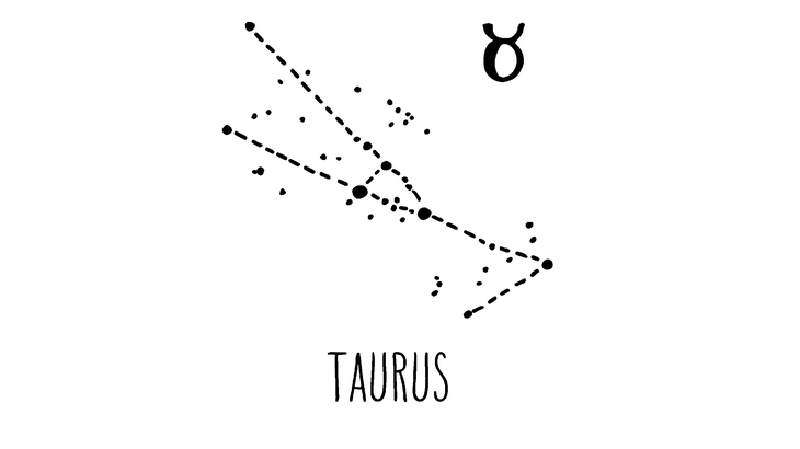 Astrological symbol, or glyph, for the zodiac sign of Taurus along with its constellation.