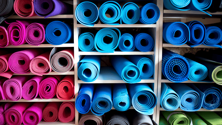A shelf at a sustainable yoga studio with rolled-up mats.