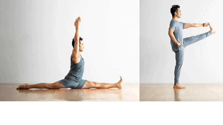 Man practicing two different yoga poses that are similar to baseball stretches