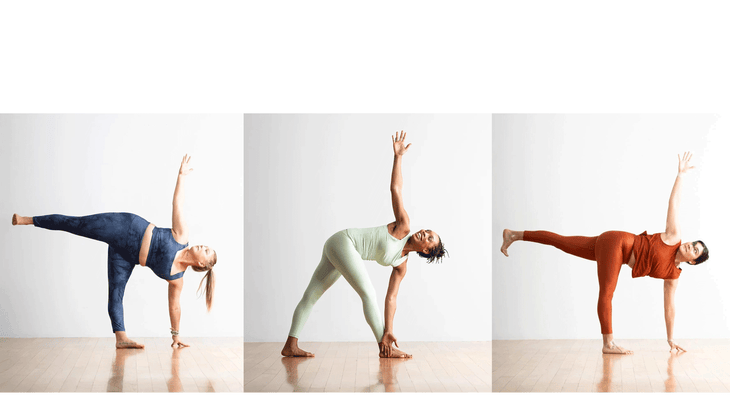 Yoga poses Half Moon, Revolved Triangle, and Revolved Half Moon.