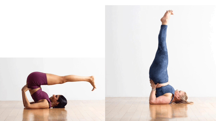 Two different yoga and baseball stretches known as Plow Pose and Shoulderstand