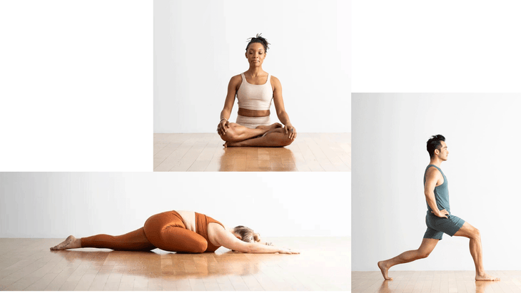 Three different yoga poses that resemble baseball stretches that players practice in the outfield