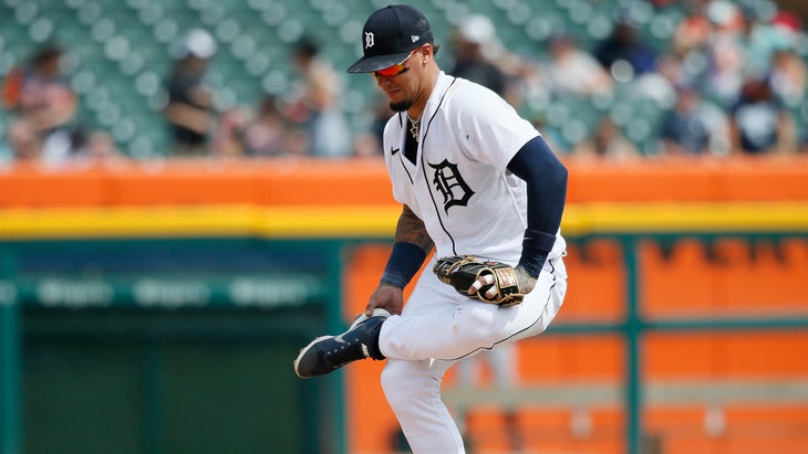 Javier Baez of the Detroit Tigers practicing the pigeon pose