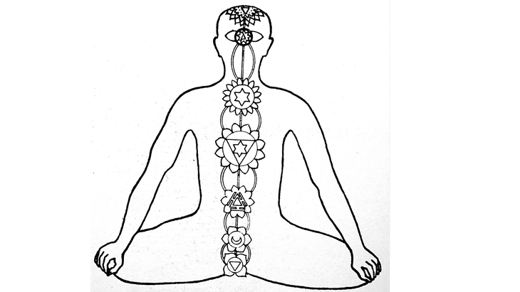 Illustration of a person sitting in meditation with the symbols for each chakra 