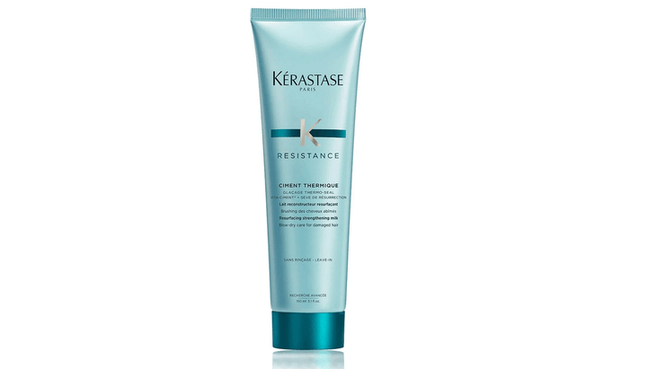 A turquoise tube of Kerastase heat protectant