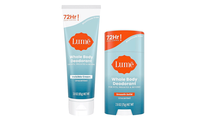 Lume deodorant in stick and cream tube