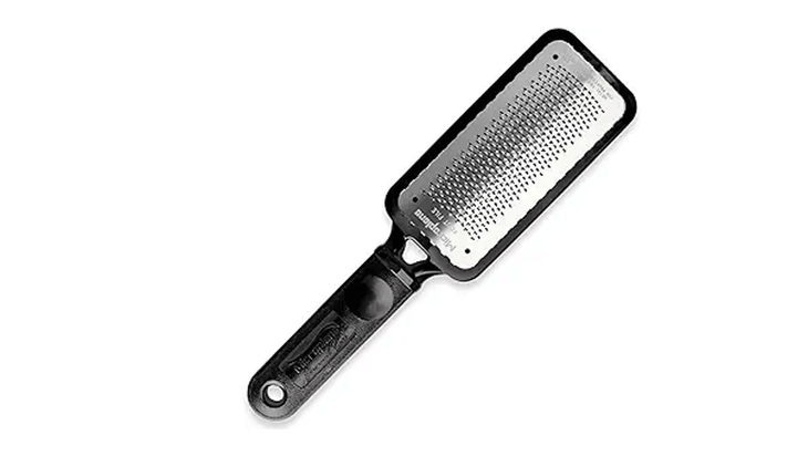 Microplane foot file with a black handle and a metal rasp surface