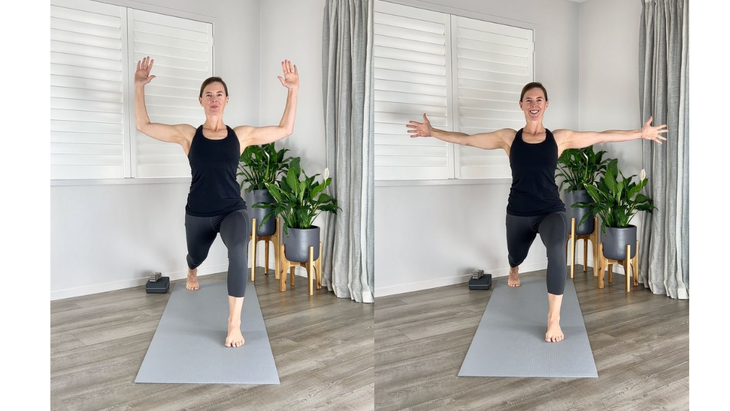 Woman practicing High Lunge with cactus arms and with T-arms