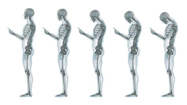 Illustration of a man's skeleton looking down at his phone before practicing tech neck exercises