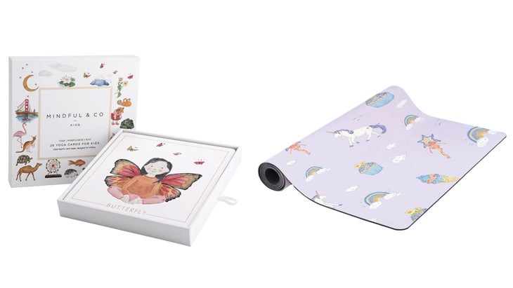 a light purple yoga mat with cupcakes and unicorns and a set of illustrated cards